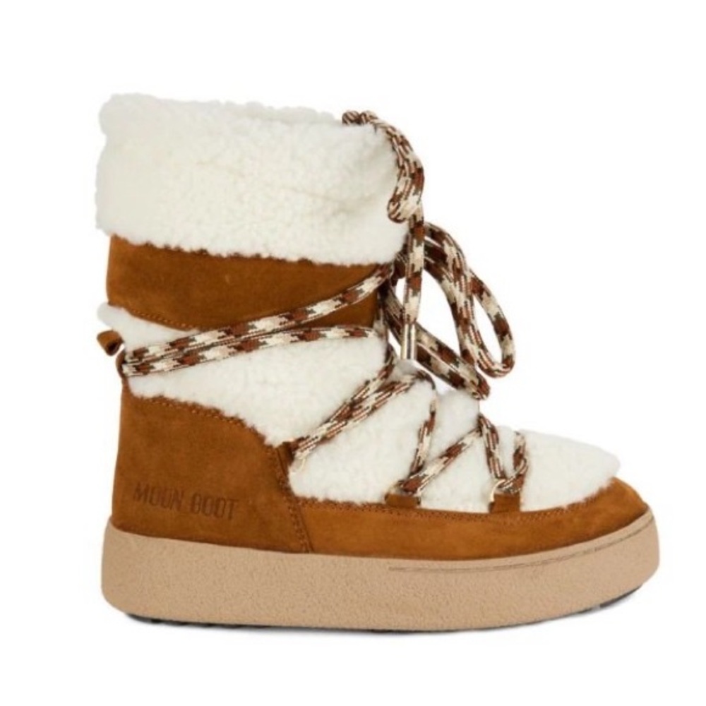 New MOON BOOT Track Shearling Trim & Suede Ankle Boots WHISKY/OFF , 37